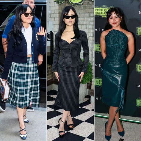 Jenna Ortega 'Beetlejuice' Press Looks I Can't Stop Thinking About | J-14 Jenna Ortega Style, Beetlejuice Outfits, Beetlejuice Movie, Catherine O'hara, Cant Stop Thinking, Michael Keaton, White Corset, Now And Then Movie, Pinstripe Dress