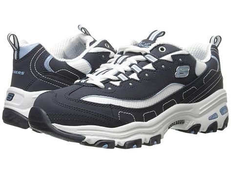 SKECHERS D'Lites - Biggest Fan (Navy) Women's Shoes. Keep your look classic in the SKECHERS D'Lites Biggest Fan shoe. Smooth trubuck synthetic leather upper with breathable mesh inserts. Lace-up closure. Tongue and heel pull loops. Breathable fabric lining. Air-Cooled Memory Foam insole. Lightweight  shock-absorbing  supportive foam midsole. Flexible rubber outsole. Imported. Measurements: Weight: 12 oz Product measurements we #SKECHERS #Shoes #Athletic #GeneralAthletic #Navy Sketchers Dlites, Skechers D'lites, Skechers D Lites, Fan Fashion, Fashion Man, Walking Sneakers, Blue Trim, Skechers Women, White Mesh