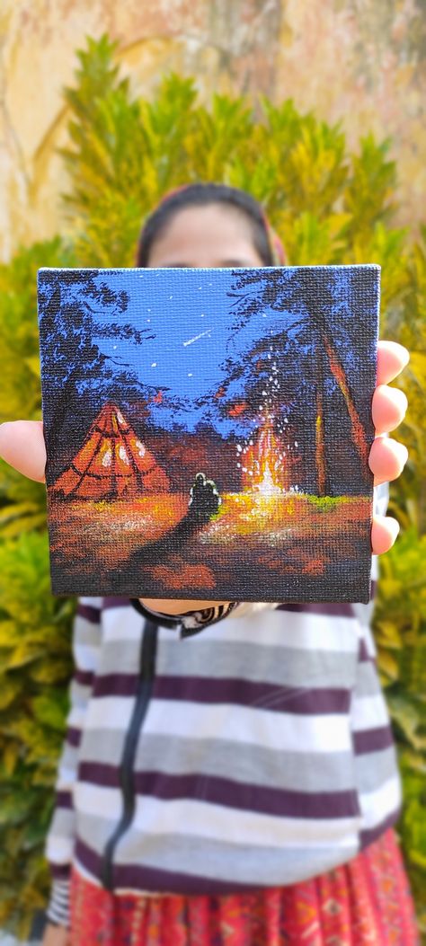 Mini canvas forest painting camping campfire acrylic painting Forest Campfire Painting, Painting Of Forest, Forest Campfire, Nature Canvas Painting, Mini Canvases, Forest Camping, Forest Camp, Small Canvas Paintings, Easy Canvas