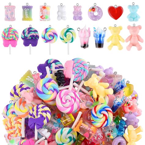 PRICES MAY VARY. 🍬 Assorted Styles: You will receive 90 colorful pendant charms, including 20 candy charms, 20 lollipop charms, 30 bear charms, 10 heart charms, 6 donut charms and 4 ice creams. The pendants are rich in styles and sufficient in quantity to meet your various handmade needs. 🍬 Novelty Design: Our cute resin charms include a variety of styles, including candy, lollipop, heart-shaped, donut, ice cream, bear, and each style has a different color, you can always find the one you want Lollipop Heart, Candy Charms, Cute Ice Cream, Girls Necklace, Kandi Cuff, Bead Ideas, Bag Charms, Colorful Candy, Bracelet Diy