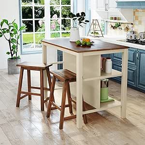 Polibi 3-Piece Kitchen Island Set with 2 Stools and 2 Shelves, Rustic Rubber Wood Dining Set Prep Table Set with Open Shelves for Small Places, Walnut+Cream White Kitchen Prep Table, Narrow Kitchen Island, Walnut Cream, Portable Kitchen Island, Solid Wood Kitchen, Prep Table, Small Kitchen Tables, Small Kitchen Island, Kitchen Island Table