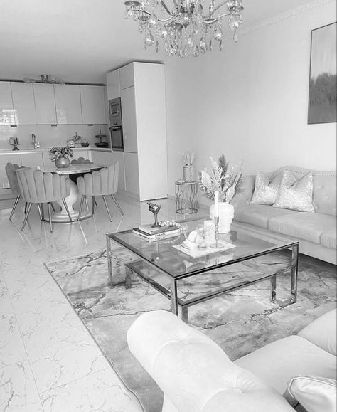 White And Grey Living Room Decor, White And Gray House Interior, Grey And White House Interior Decor, White Theme Living Room, Modern Flat Interior, White And Silver Decor, Grey And White Living Room, Apartment Decoration Ideas, Unique Apartment