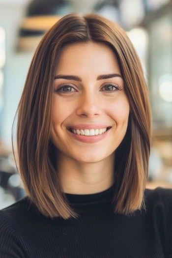 Blunt Lob Haircut. Straightened Lob Haircut, Straight Textured Long Bob, Lob Haircut Collar Bone Length, Straight Haircut Medium Length, Best Lob Haircut, Collarbone Length Hair Straight Fine, Professional Bob Hairstyles, French Long Bob Haircut, Smooth Bob Haircut