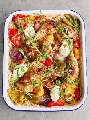 Full of colour, optimism and heaps of flavour, this one-pan wonder is a great principle recipe to have up your sleeve. Chicken Traybake, Chicken Tray Bake, Chicken Tikka Masala Recipes, Oven Baked Recipes, Tray Bake, Jamie Oliver Recipes, Midweek Meals, Cajun Chicken, Pan Recipes