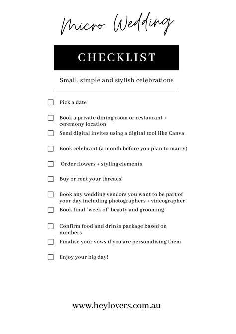 Want to plan a wedding celebration thats big on love but small on complexity? A micro wedding might be right up your alley. You don't need to skimp on style when planning a micro wedding. You're simply downsizing your guests and even better, you and your lover's stress levels!!!! Here's a quick checklist to show you just how easy it is to pull together a micro wedding with minimal fuss. #wedding #weddings #microwedding #weddinginspiration #diywedding #smallwedding #tinywedding #weddingtrends Short Term Wedding Planning, Minimal Wedding Planning, Civil Wedding Planning Checklist, How To Plan An Intimate Wedding, Micro Wedding Ideas Spring, Short Notice Wedding Planning, Micro Wedding List, Elopement Wedding Checklist, Modern Micro Wedding