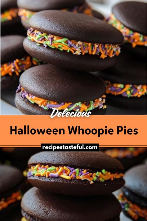 These Halloween Whoopie Pies are a fun and festive treat featuring rich chocolate cookies filled with vibrant orange buttercream. Perfect for Halloween parties or a spooky family dessert, these pies are both delicious and visually appealing. Whoopie Pies Recipe, Whoopie Pie Filling, Whoopee Pie, Whoopie Pie Recipe, Chocolate Whoopie Pies, Orange Buttercream, Family Desserts, Whoopie Pie, Dark Chocolate Cookies