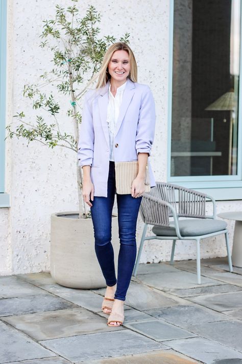 Lavender blazer, purple blazer, workwear, spring fashion, summer style, rattan clutch, bossbabe, office attire What To Wear With Lavender, Workwear Spring, Lavender Blazer, Rattan Clutch, Spring Workwear, Purple Blazer, Spring Work, Office Attire, Fashion Summer