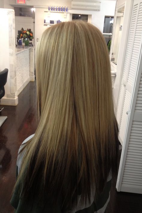 Lite blonde with black tips Blonde Fading Into Brown, Blond Hair With Black Tips, Blonde Hair Black Ends, Blonde With Black Tips, Blonde Hair Black Tips, Blonde Hair With Black Tips, Dip Dye Hair Brunette, Black Hair Blonde Tips, Blonde Hair Fade