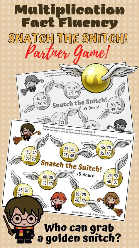 Do your students love Harry Potter? This fun (and a little competitive!) Harry Potter themed partner game allows students to choose their area of need and self-check their answers while practicing their multiplication facts. 11 boards cover ALL the multiplication facts and products. Easy to print and play and NO QUESTION CARDS to keep track of! You just need dice and a printed board per pair. Great for 3rd grade 4th grade or 5th grade multiplication fact practice. Multiplication fact fluency. Harry Potter Math Worksheets, 4th Grade Math Games, Multiplication Fact Fluency, Classe Harry Potter, Multiplication Facts Practice, Fact Practice, Harry Potter Free, Partner Games, Fact Fluency