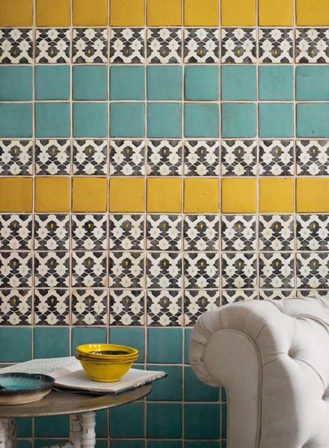 Marrakech Turquoise, Honey and Targa tiles Yellow Tile, Fired Earth, Tile Trends, Tile Inspiration, Yellow Kitchen, Trendy Kitchen, Beautiful Tile, Wall And Floor Tiles, Kitchen Tiles