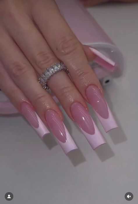 Nail Inspired Long Square, Simple Long Pink Nails, Cute Simple French Nails, Long Rectangle Nails, Long Pink Almond Nails, Light Nails Acrylic, Pink Coffin French Tip Nails, Pink Nail Sets Long, Maneater Nails