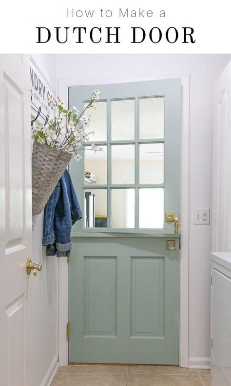 Beautiful dutch door with a shelf for your home.  Tutorials on how to make a dutch door or half door from an old door.  This stable door has a window and is painted with Sherwin Williams extra white and Fusion mineral paint inglenook.  Awesome ideas for your garage, exterior, interior, kitchen, entryway.  Charming door will give your entrance curb appeal.  A easy fun design.  Learn how to build this cheap for your fixer upper house. #diy Dutch Doors Diy, Dutch Doors Exterior, Sherwin Williams Extra White, Shelf Makeover, Diy Exterior, Dutch Doors, Magnolia Paint, Furniture Colors, Small Laundry Room Makeover