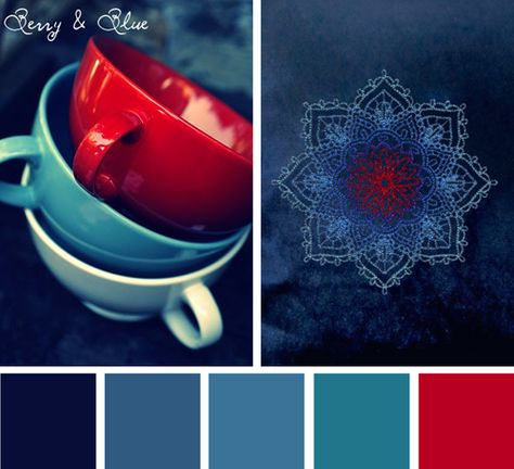 Want an easy color scheme? Try a mostly monochromatic palette with a pop of contrasting color. Watery deep blues go beautifully with bright cherry red in this Berry & Blue color scheme. Try to keep yo Apartment Color Schemes, Red Colour Palette, Blue Color Schemes, Colour Board, Color Stories, Colour Schemes, Color Pallets, Color Swatches, Room Colors