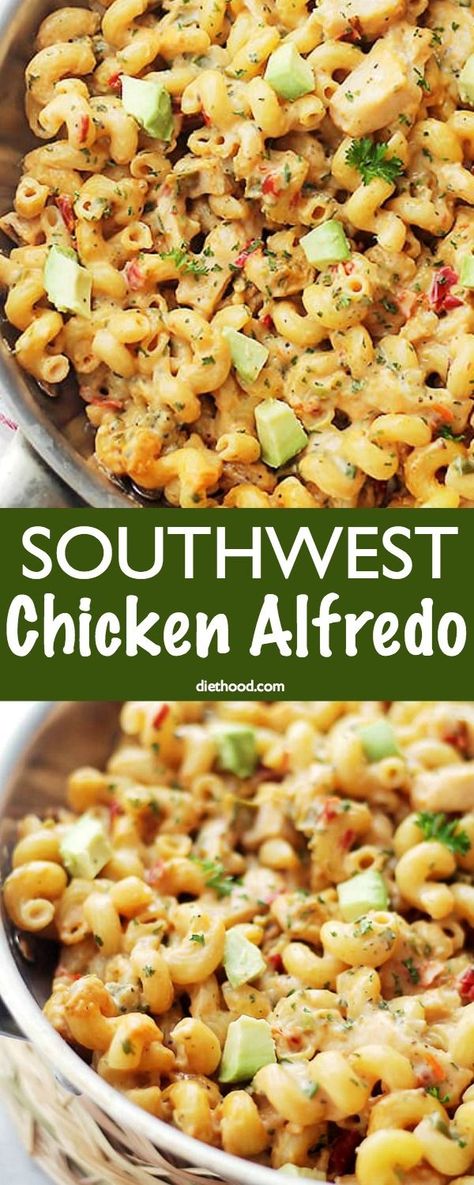 Southwest Chicken Alfredo – Easy, creamy and delicious pasta dish with spicy chicken, vegetables, homemade alfredo sauce and cavatappi pasta. Southwest Chicken Alfredo, Chicken Alfredo Sauce Recipe, Southwest Chicken Pasta, Pizza Dishes, Homemade Chicken Alfredo, Cavatappi Pasta, Southern Cooking Recipes, Clean Eating Chicken, Chicken Alfredo Recipes