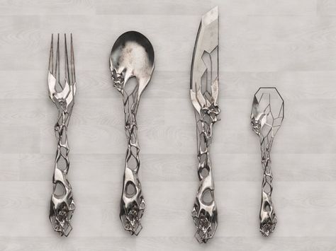 3D Printed Silverware! The teaspoon will make sure you don't add too much sugar, :) Goth Home, Organic Design, Gothic House, Cutlery Set, Kitchen Stuff, Tim Burton, Forks, تصميم داخلي, Spoons