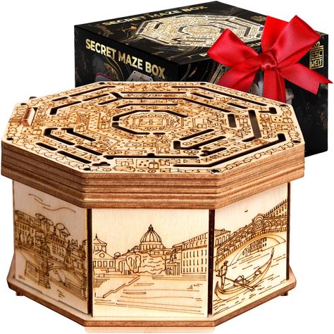 Unlock the secrets! This unique wooden maze box is the perfect gift for any occasion. Solve puzzles to reveal a hidden compartment.  A fun and challenging surprise for loved ones. #woodenpuzzle #giftbox #escapegame #puzzlebox #uniquegift 3d Wooden Puzzle, Personalised Wooden Gifts, Laser Cut Box, Escape Room Game, Box Creative, Secret Box, Engraved Box, Cash Gift, Secret Compartment