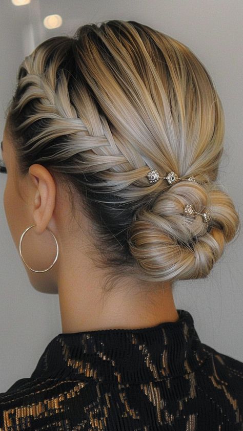 22 Sophisticated Weave Updo Hairstyles for Every Event Updo Plait Hairstyles, Low Bun Hairstyles Wedding Bridesmaid Braided Updo, Braid Updo With Bangs, Braided Updo Asian Hair, Braid And Low Bun, Braided Side Bun Hairstyles, Braided Bun For Wedding, Bun Hairstyle With Braid, Hair For Wedding Updo