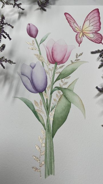 Tulip Watercolor Painting, Tulips With Butterflies, Tulip Flower Drawing Watercolor Painting, Watercolor Butterflies Painting Watercolour, Water Colour Tulip, Purple Tulip Painting Watercolor, Tulip Drawing, Garden Drawing, Watercolor Tulips