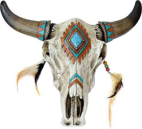 Turquoise Artwork, Painted Animal Skulls, Deer Skull Art, Painted Cow Skulls, Cow Skull Decor, Cow Skull Art, Bison Skull, Skull Wall Decor, Feather Wall Decor