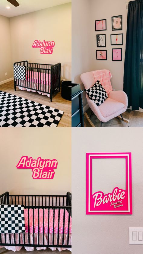 Barbie Themed Nursery, Barbie Themed Office, Barbie Room Ideas Bedrooms For Kids, Hot Pink Nursery Ideas, Barbie Nursery Theme, Disco Cowgirl Nursery, Hot Pink Nursery, Barbie Inspired Room, Barbie Pink Room