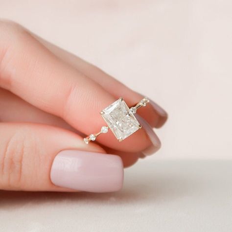 Radiant Engagement, Radiant Engagement Rings, Diamond Cluster Engagement Ring, Baguette Ring, Hidden Halo, Ring Minimalist, Moissanite Wedding Bands, Radiant Cut, Engagement Ring Wedding Band