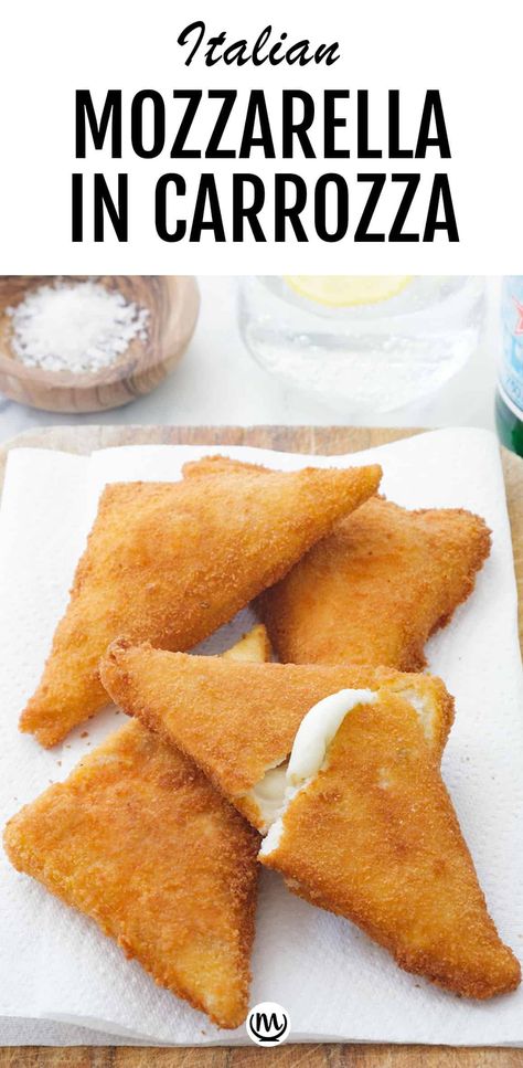 Fried mozzarella in carrozza is one of those classic Italian appetizers that everyone absolutely loves. It's essentially a fried mozzarella sandwich, crisp on the outside and melted on the inside. #Italianappetizers #easyappetizers #mozzarellarecipes #appetizerrecipes #appetizerforparties Fried Fresh Mozzarella, Fresh Mozzarella Recipe, Gorgonzola Pizza, Fried Mozzarella, High Potassium Foods, Mozzarella Sandwich, Italian Street Food, Caprese Skewers, Crostini Recipes