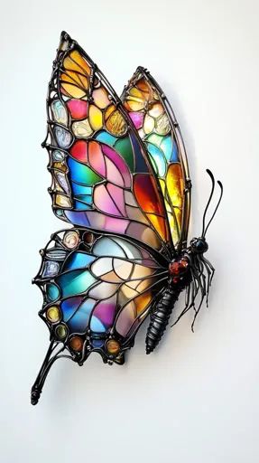 ↑↑↑ Larger size on website 🔸 The image shows a stunning stained glass butterfly. The wings are composed of intricate, colorful pi Stained Glass Wings, Stained Glass Butterfly, Glass Butterfly, Wire Frame, The Wings, The Butterfly, Plain White, Stained Glass, White Background