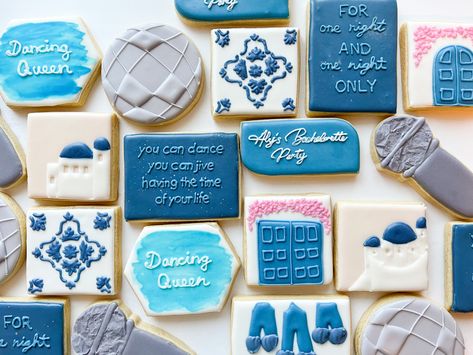 Mama Mia Cookies Decorated, Mamma Mia Cookies Decorated, Dancing Queen Cookies, Mama Mia Cookies, Mamma Mia Cookies, Royal Icing Sugar Cookies, Icing Sugar Cookies, Mia Aesthetic, Bachelorette Cookies