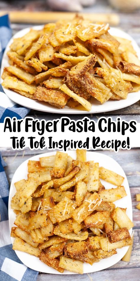 Air Fryer Tik Tok Pasta on 2 white plates, side view and overhead view. Air Fryer Pasta Chips, Air Fryer Pasta, Fried Lasagna, Pasta Olive Oil, Fried Pasta, New Years Appetizers, Crispy Noodles, Pasta Chips, Crockpot Lasagna