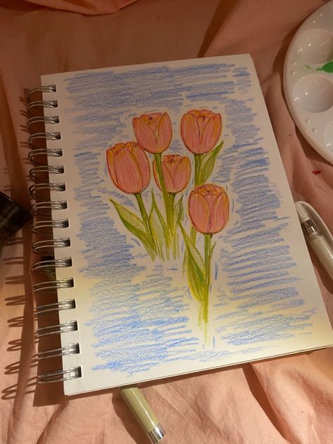 Drawing Sketches Of Flowers, Drawing On Top Of Painting, Plastic Colour Drawing, Cute Aesthetic Flower Drawings, Sketch Gift Ideas, Drawing Ideas Tulips, 2024 Doodle Art, Art History Notes Aesthetic, Drawing With Gel Pens