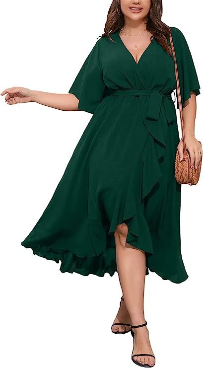 Short Sleeve Wrap V Neck High Low Split Ruffle Long Dress Ruffle Long Dress, Maxi Dress Short, Plus Size Maxi Dress, Split Long Dress, Plus Size Summer Outfits, Short Sleeve Maxi Dresses, Plus Size Maxi, Dress Short Sleeve, Plus Size Summer