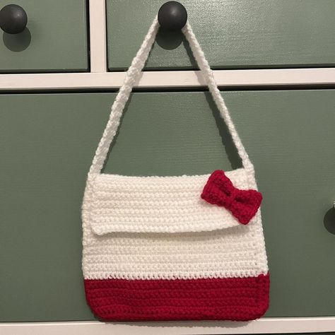 Hello Kitty handmade crochet shoulder... - Depop Red And White Crochet Bag, Hello Kitty Handmade, White Crochet Bag, Red And White Crochet, Hello Kitty Bag, Crochet Shoulder Bag, White Bow, White Crochet, Cute Crochet