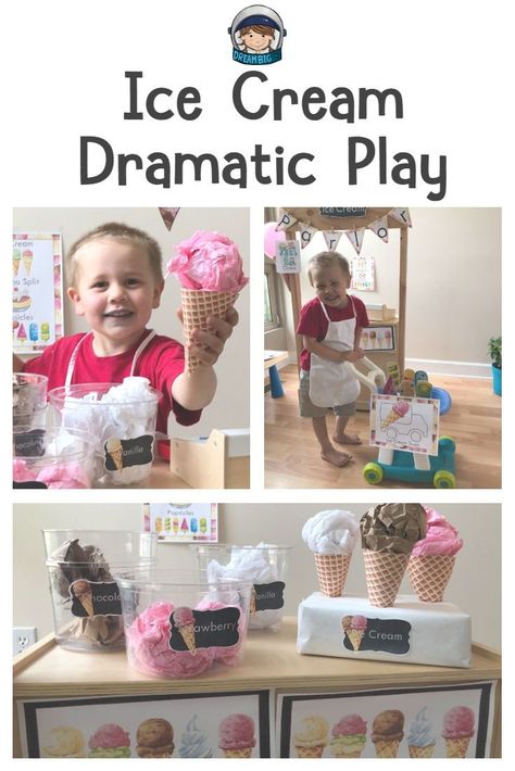 Teacher tips and ideas for ice cream themed activities for dramatic play and pretend play. Ice Cream Dramatic Play, Ice Cream Shop Dramatic Play, Dramatic Play Activities, Play Ice Cream, Dramatic Play Themes, Dramatic Play Center, Role Play Areas, Prop Box, Dramatic Play Preschool