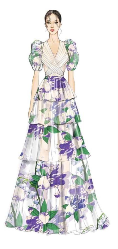 Maxi Dress Illustration, Floral Dress Illustration Fashion, Floral Dress Sketch, Flower Inspired Dress Illustration, Feminim Romantic Style, Sketsa Dress, Gathers Dress, Gown Sketch, Romantic Style Outfit