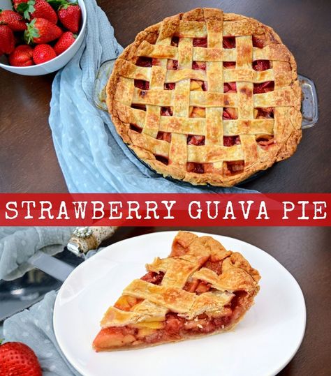 This juicy pie combines sweet strawberries with tangy guava to create a bright and beautiful pie that’s bursting with tropical flavor. Fresh Guava Recipes Desserts, Guava Pie, Guava Desserts, Guava Recipes, Lattice Pie, Strawberry Guava, Pudding Pies, Coconut Pie, Cheese Pies