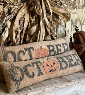 Primitive Autumn, Primitive Pillows, Grain Sack Pillows, Fall Sewing, Primitive Fall, Primitive Halloween, Fall Deco, Pumpkin Fall Decor, Halloween Pillows