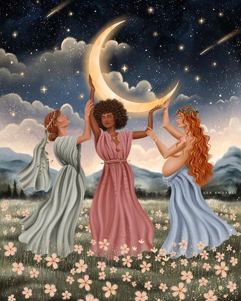 Lea Androić | Illustrator on Instagram: "we hold the same moon under the same sky so how could you be anything other than a sister to me ART PRINTS available in my shop 🌞🌸✨" Women's Circle, Energy Art, Feminine Art, 2024 Calendar, Illustrators On Instagram, Handmade Artwork, Moon Goddess, Spiritual Art, Divine Feminine