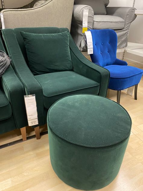 IKEA - chair (Flinshult / $499 in Djuarp dark green), ottoman (Grundsjo / $189 same fabric) Flinshult Chair, Green Upholstered Chair, Green Ottoman, Ikea Chair, Window Decoration, Green Chair, Window Decor, Upholstered Chairs, Chair And Ottoman