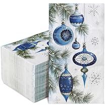 Tablescape Dining Room, Blue Christmas Balls, Vintage Feeling, Winter Holiday Party, Decorative Napkins, Paper Table, Christmas Tablescape, Pine Branches, Winter Dinner