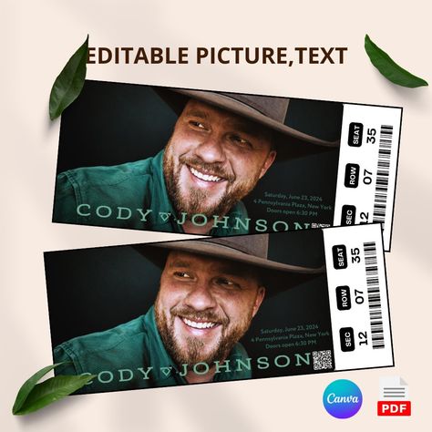 Cody Johnson Concert, Cody Johnson, Ticket Template, Concert Tickets, Music Concert, Mobile Device, Web Browser, Special Event, Instant Download Etsy