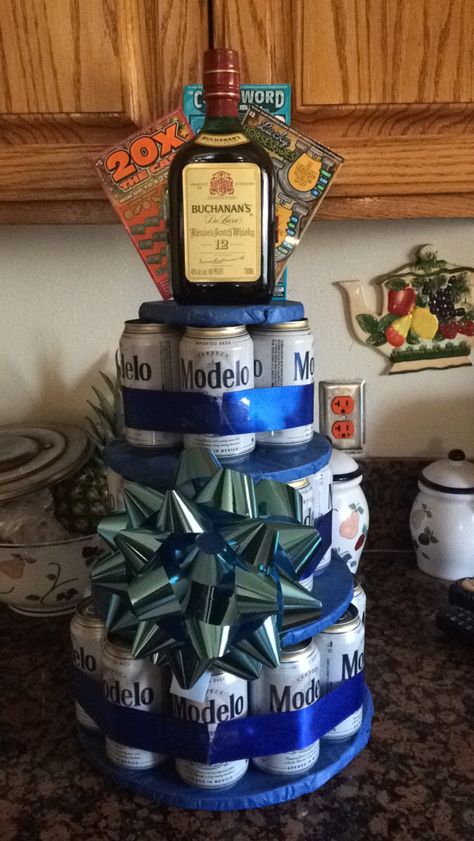 DIY beer cake tower. Beer Cake Gift, Craft Beer Gift Basket, Diy Beer Cake, Beer Cake Tower, Beer Can Cake, Beer Can Cakes, Beer Gifts Basket, Birthday Beer Cake, Guys 21st Birthday