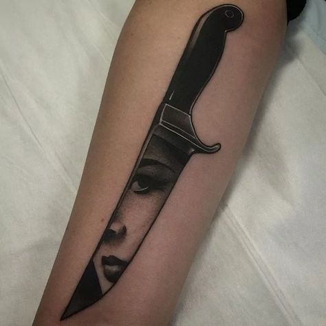 Pari Corbitt Reflection Tattoo, Chef Tattoo, Badass Girl, Knife Tattoo, Dagger Tattoo, Horror Tattoo, E Tattoo, Grey Tattoo, Word Tattoos