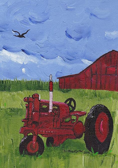 Building Painting, House Yard, Red Tractor, Garden Flag Stand, Barn Painting, Farm Art, Farm Barn, Paint Cards, Gnome Patterns