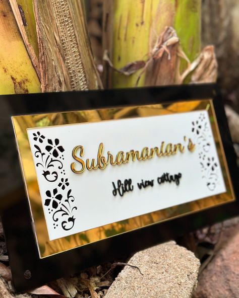 A stylish and refined name plate for your dream house. All our name boards are customised to suit the customers needs. Right from material to styles. To order yours, call 📞 9384689281 #nachiappa #nachiappas #nameplate #nameplates #nameplatesforhome #nameboard #nameboards #acrylicnameplate #acrylicsignage #acrylicsign #sign #signs #newhome #housewarming #homedecor #interiordesign #interiordecor #designindia #architect #nameplaque #nametag Name Plates For Home Modern, Led Name Plate, Name Plate For Home Modern, Door Name Plates, Name Plates For Home, Acrylic Signage, Name Boards, Modern Lighting Design, Name Plaques