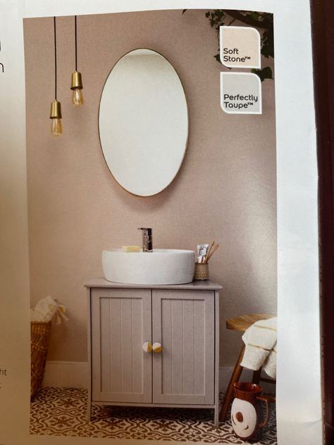 Stone Colour Bathroom Ideas, Sand Coloured Bathroom, Soft Stone Dulux Paint, Cream Toilet And Sink, Dulux Tranquil Dawn Bathroom, Dulux Muted Stone, Dulux Soft Stone, Stone Paint Color, Coloured Walls