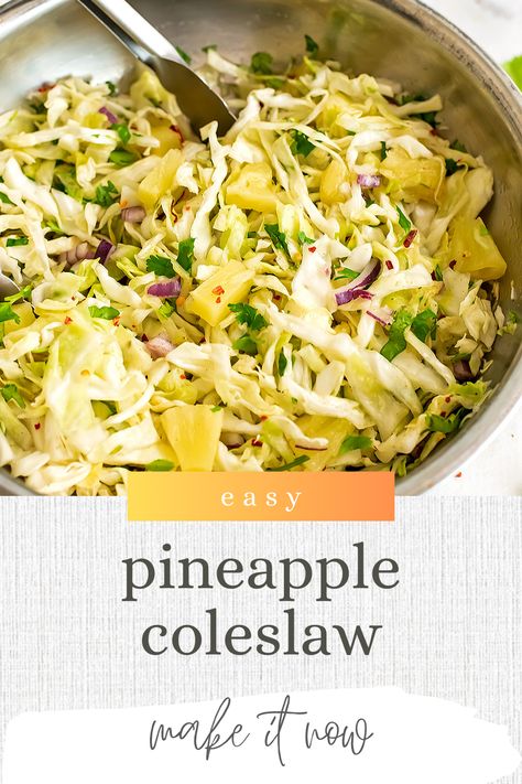 Looking for a simple and easy side dish to pair with fish tacos? Consider trying pineapple coleslaw! This tangy and flavorful coleslaw is mayo-free, dairy-free, egg-free, gluten-free, paleo-friendly, vegan, and Whole30-approved. Plus, the sweet and tropical twist of pineapple adds a unique flavor to the dish. Don't miss out on this delicious and healthy option! Fresh Pineapple Salad Recipes, Fresh Pineapple Recipes Dinner, Coleslaw No Mayo, Pineapple Recipes Healthy, Pineapple Coleslaw Recipe, Slaw For Tacos, Pineapple Slaw, Slaw For Fish Tacos, Pineapple Coleslaw