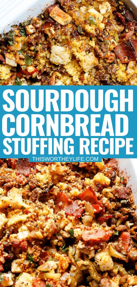 Sourdough Cornbread, Corn Bread Stuffing, Sourdough Stuffing Recipe, Recipe Cornbread, Cornbread Dressing With Chicken, Sourdough Stuffing, Cornbread Stuffing Recipes, Dressing Recipes Thanksgiving, Chicken Cornbread