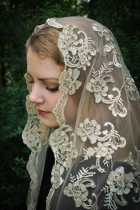 Evintage Veils~ Regina Caeli Rose Gold Champagne  Lace Chapel Veil Mantilla D Shaped Latin Mass-LONG Veil Outfit, Graceful Hairstyles, Catholic Modesty, Winter Veil, Chapel Veils, Gold Veil, Veil Mantilla, Catholic Veil, Elegant Veils