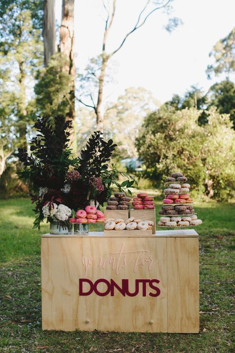 amazing donut display for a fun outdoor wedding #donutdisplay #weddingdonuts #donutstand Wedding Cake With Donuts Under, Fun Outdoor Wedding, Donut Station, Donut Truck, Holland Wedding, Donut Display, Donut Stand, Cinnamon Donuts, Wedding Donuts