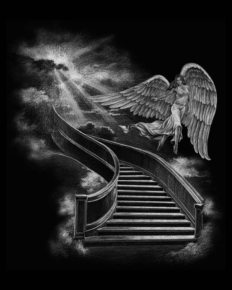 Going To Heaven Tattoo, Custom Headstones, Drawing Of Angel, Stairs Tattoo, Staircase Tattoo, Stairs To Heaven Tattoo, Stairway To Heaven Tattoo, Tombstone Tattoo, Heaven Tattoo